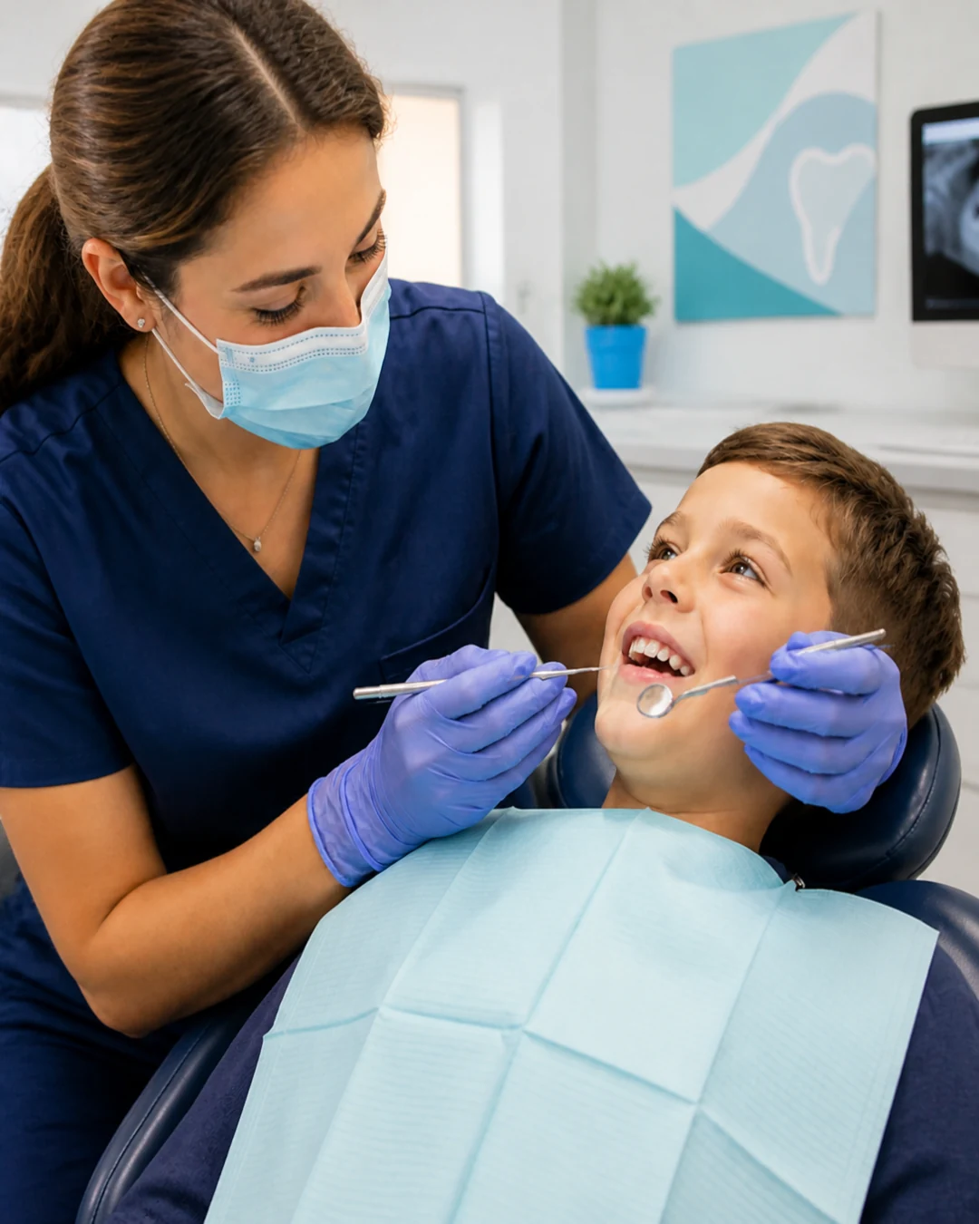 Illustration of a child receiving dental hygiene care
