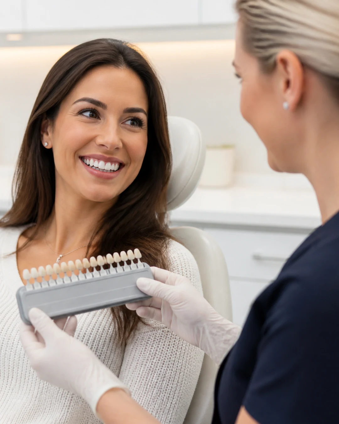 Illustration of a whitening consultation with a shade guide